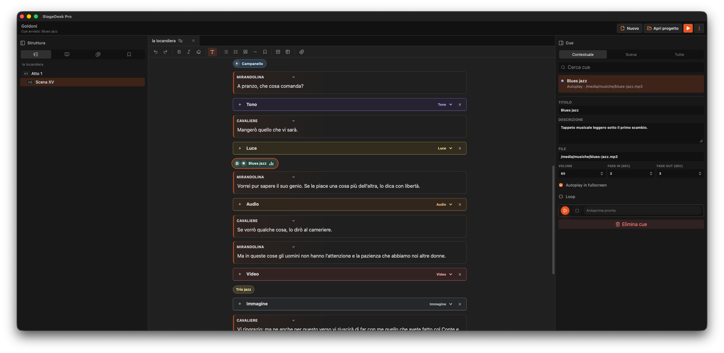 Inspector di un cue musicale con controlli di fade e anteprima