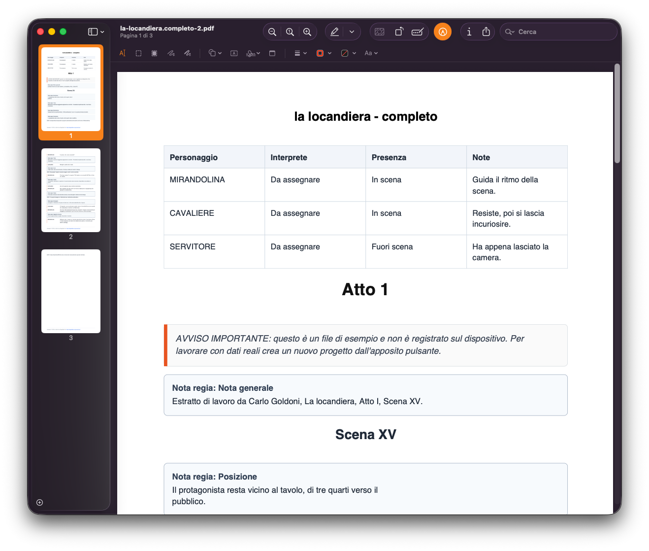 Anteprima PDF completo con tabella, titoli e note di regia