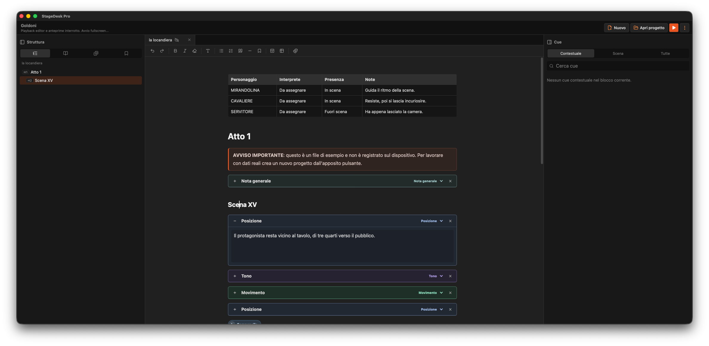 Editor StageDesk Pro con struttura, tabella personaggi e cue